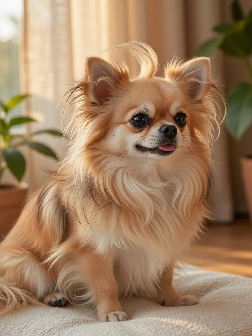 A fluffy long-haired chihuahua with a flowing coat