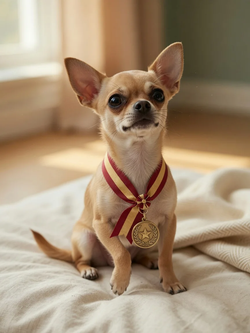 A small chihuahua wearing a tiny medal ribbon