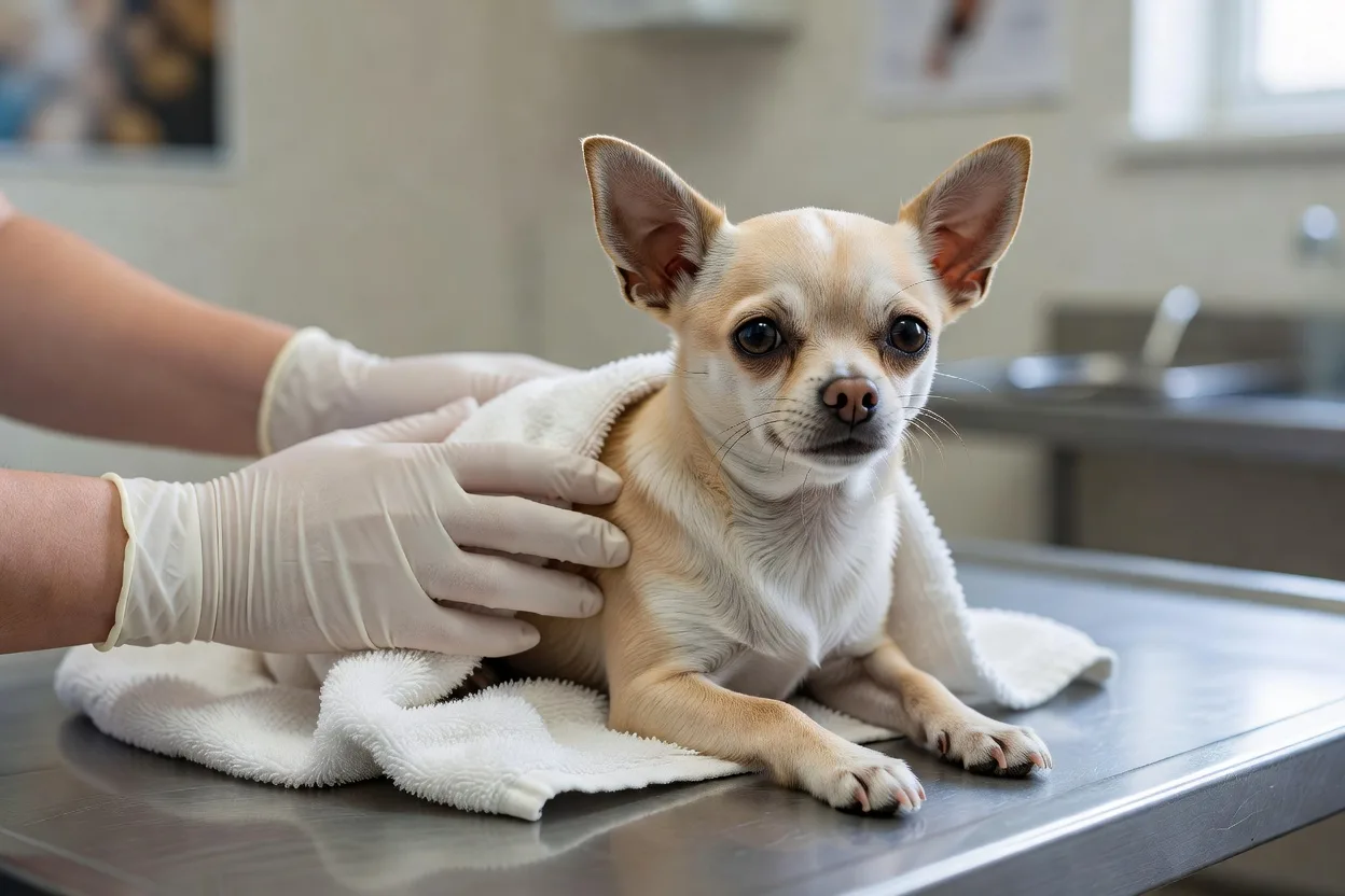 a short-haired Chihuahua wrapped in a clean towel on a veterinary examination table, a gloved hand steadying it gently