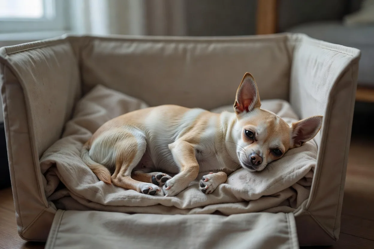 a small Chihuahua resting in a soft-sided crate lined with a folded blanket in a quiet room
