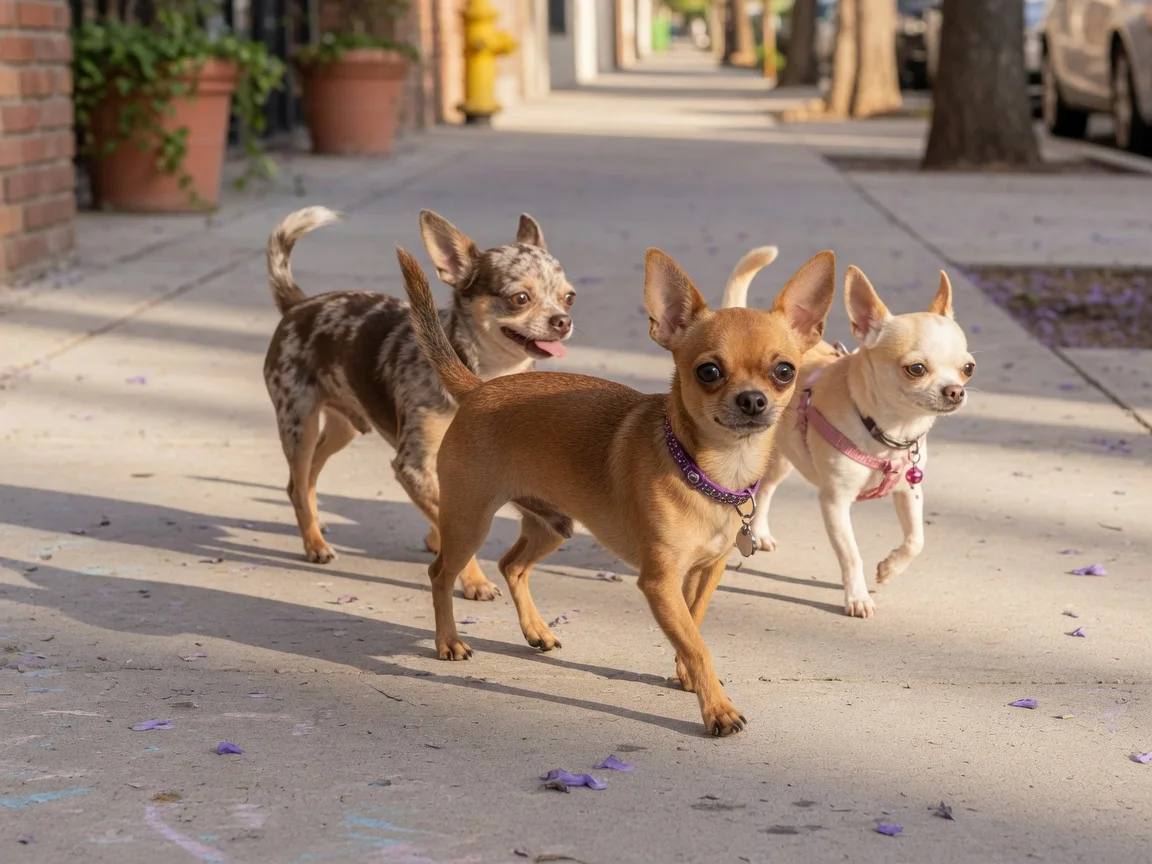 Several small chihuahuas trotting together on a sidewalk