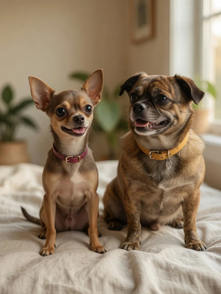 Two small friendly dogs side by side showing different builds