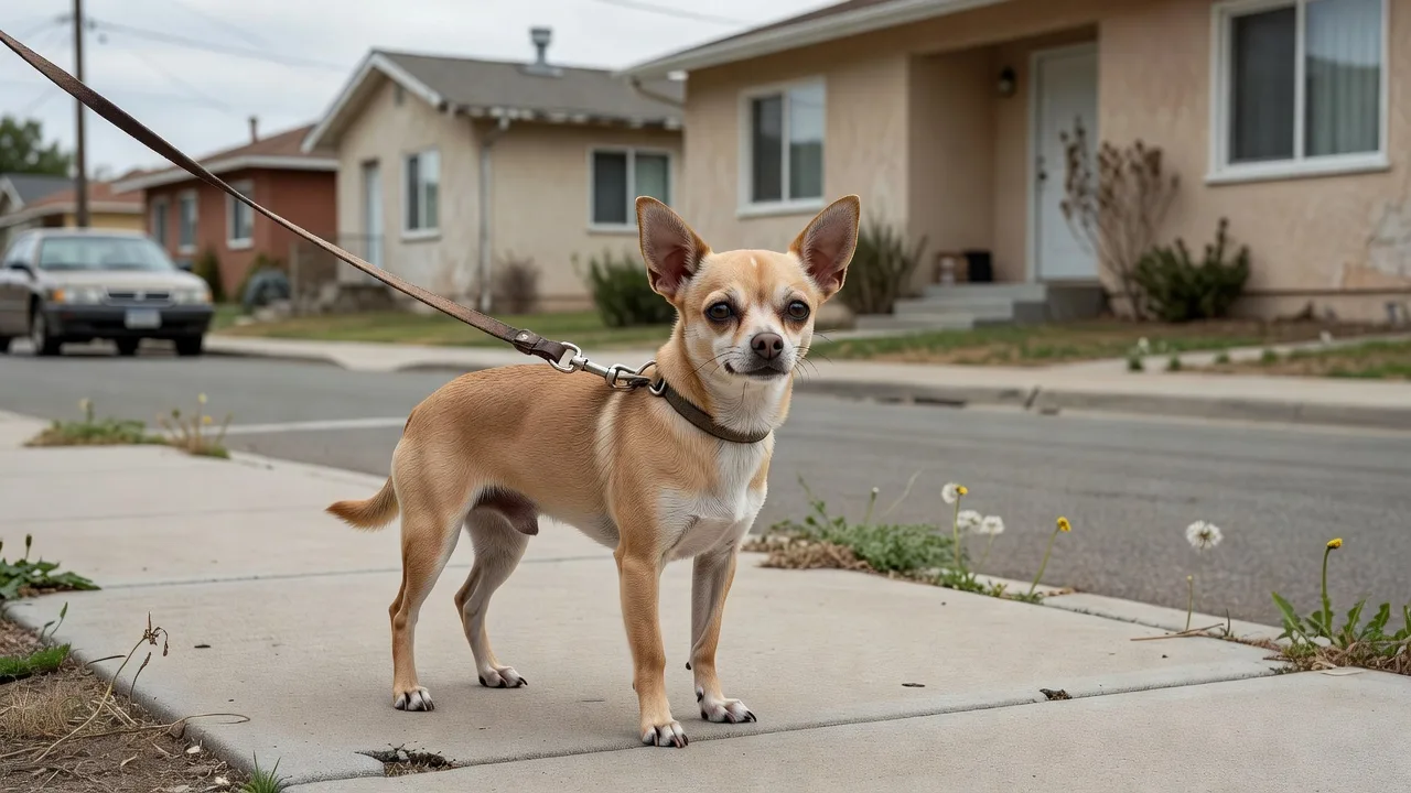 a Chihuahua on a lead beside an ordinary residential street, photographed at a respectful distance
