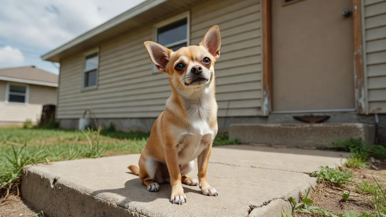a Chihuahua sitting on a doorstep of a modest suburban home in daylight