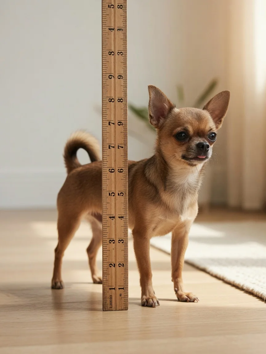 A very small chihuahua standing proudly beside a measuring stick