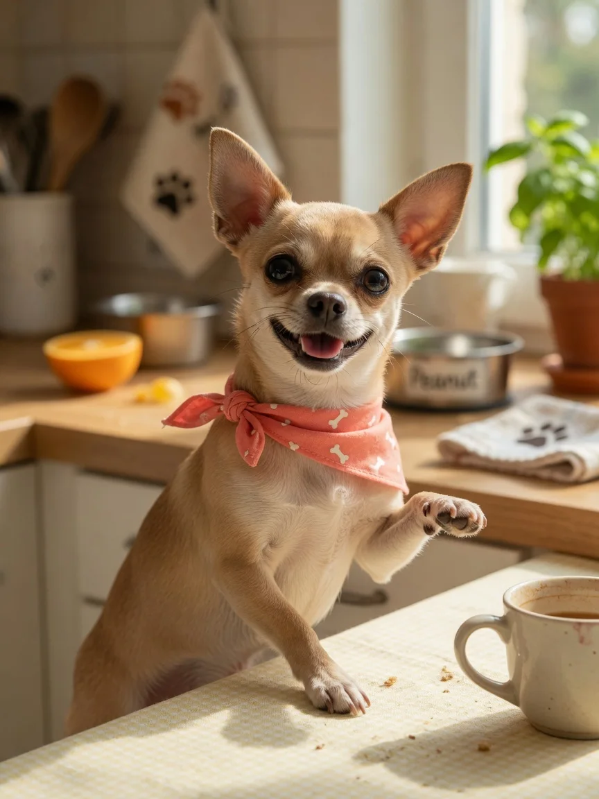 A cheerful small tan chihuahua in a warm everyday scene