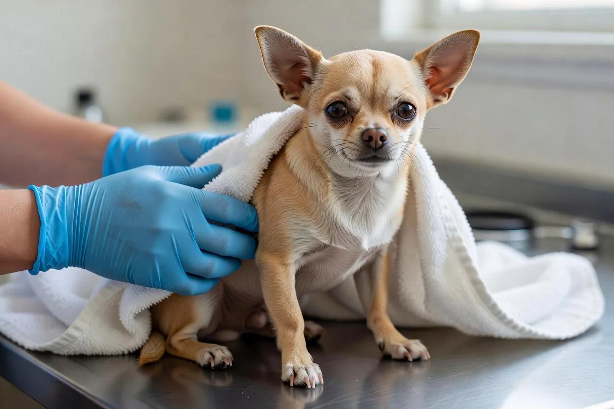 a short-haired Chihuahua wrapped in a clean towel on a veterinary examination table, a gloved hand steadying it gently
