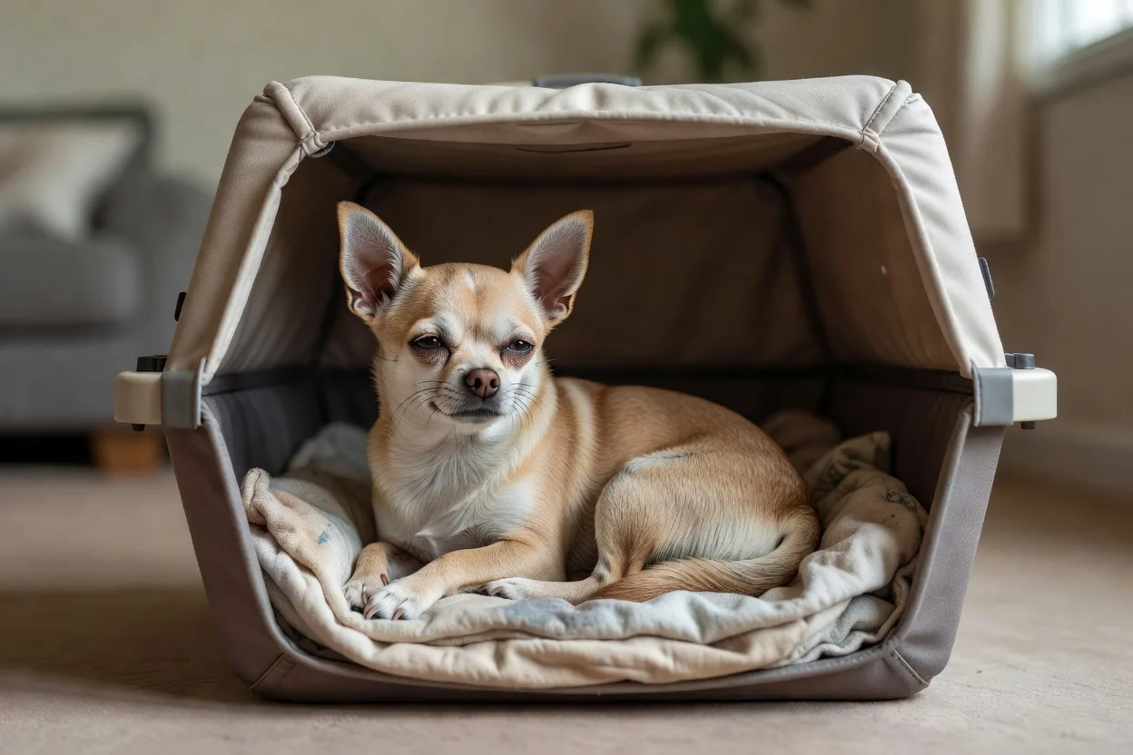 a small Chihuahua resting in a soft-sided crate lined with a folded blanket in a quiet room