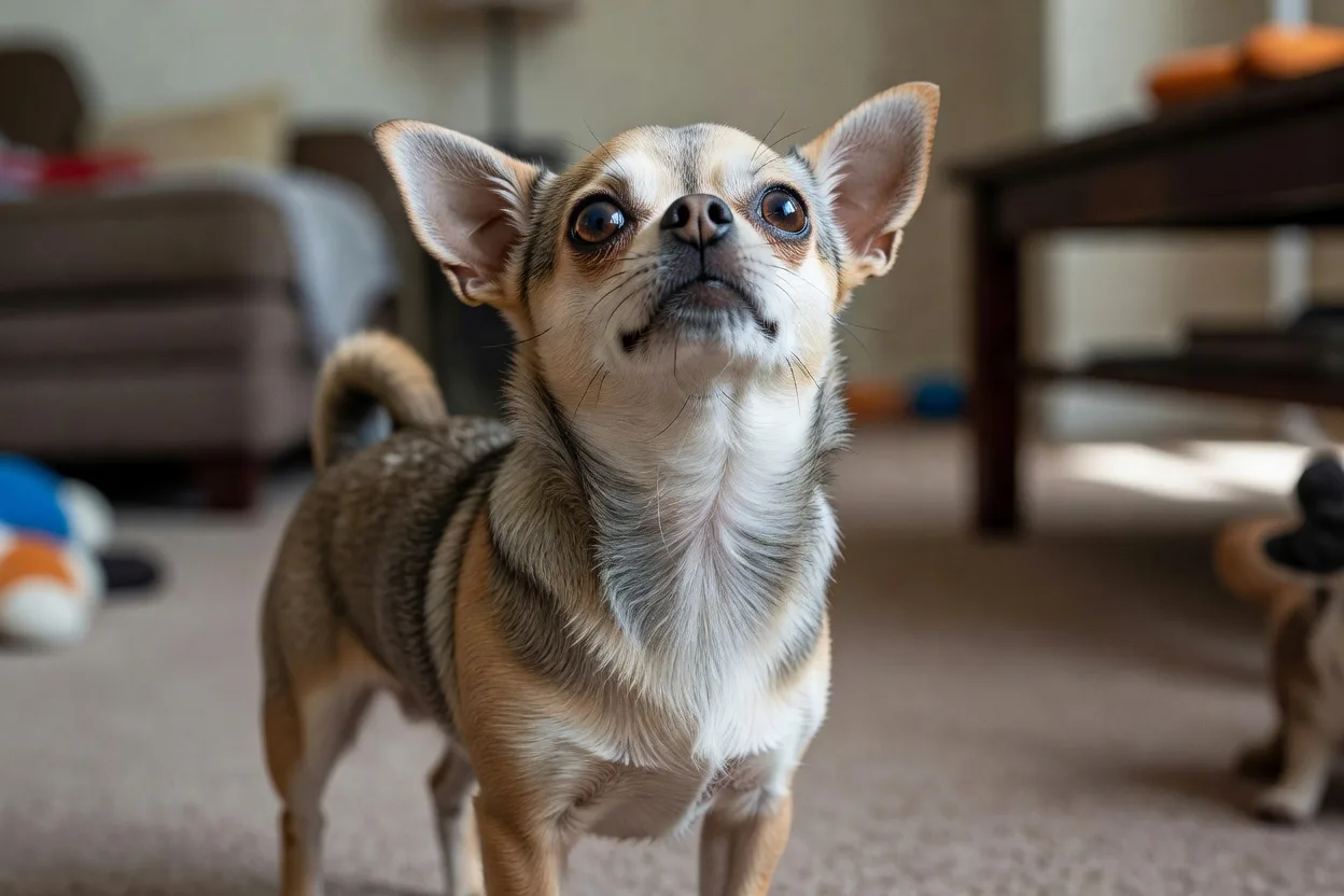 a Chihuahua looking up alertly as if responding to its name, indoors