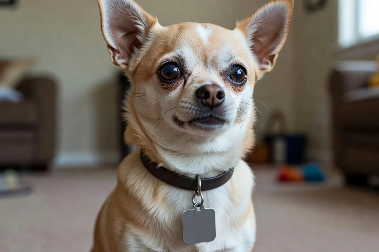 a Chihuahua wearing a plain collar with a blank identity tag, close crop