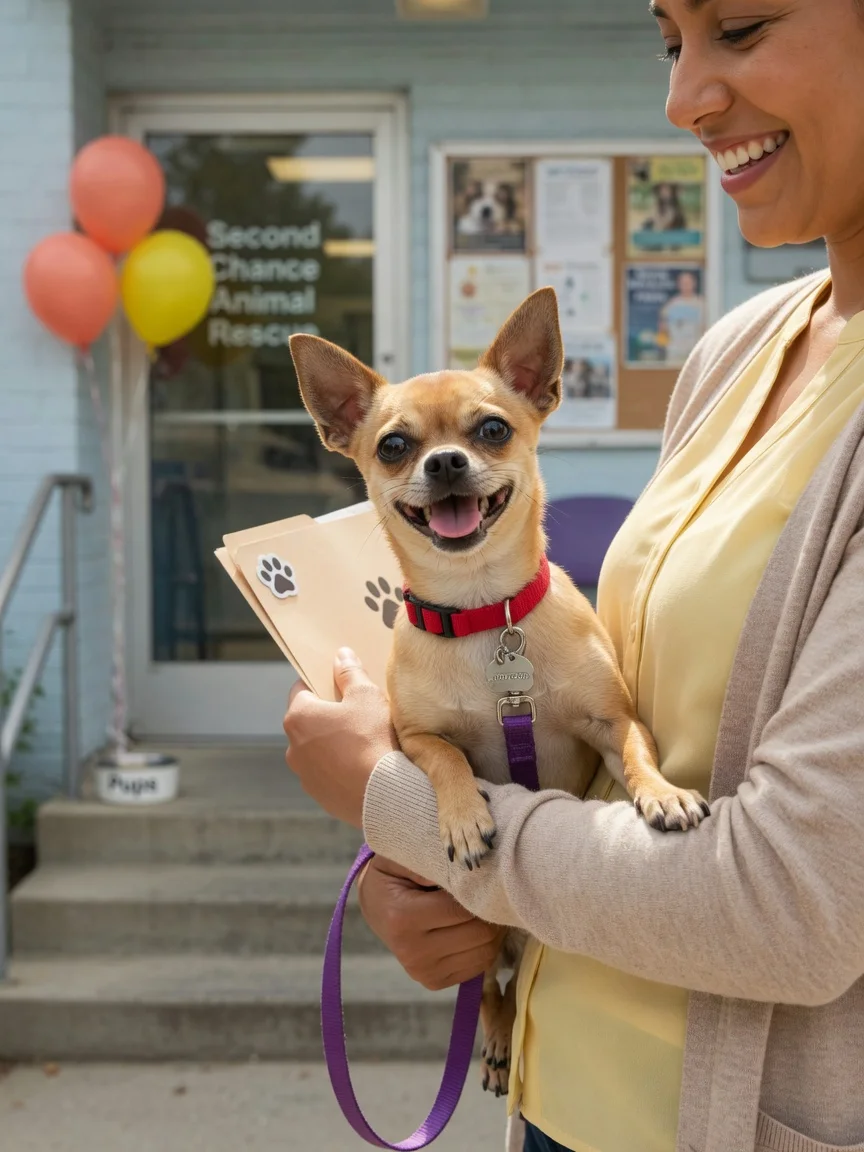 A happy chihuahua leaving a shelter with its new owner