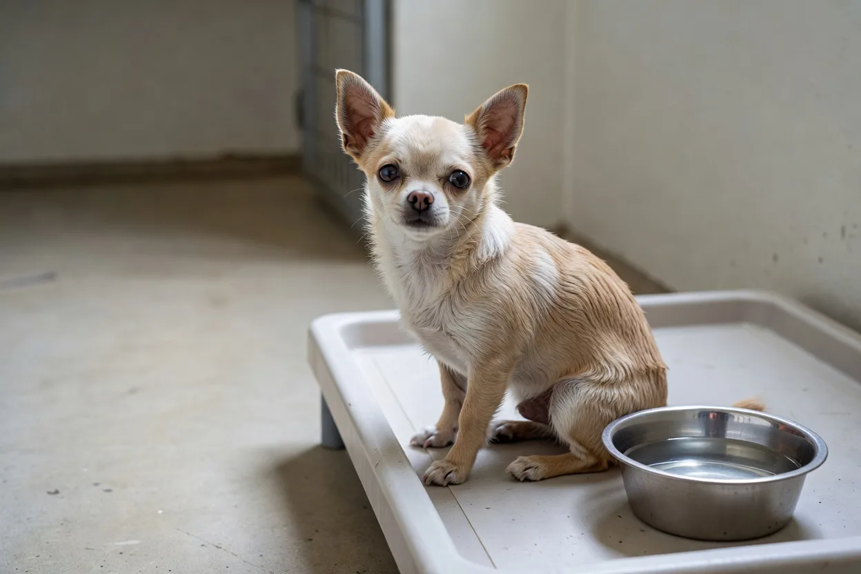 a Chihuahua sitting in a clean shelter kennel with a raised bed and fresh water bowl