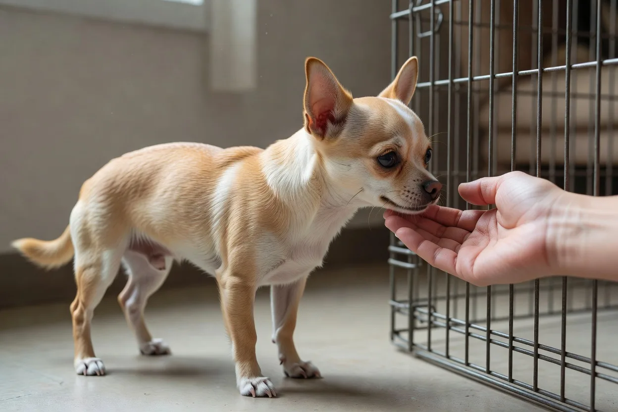 a Chihuahua meeting a person's hand through an open kennel door, relaxed body posture