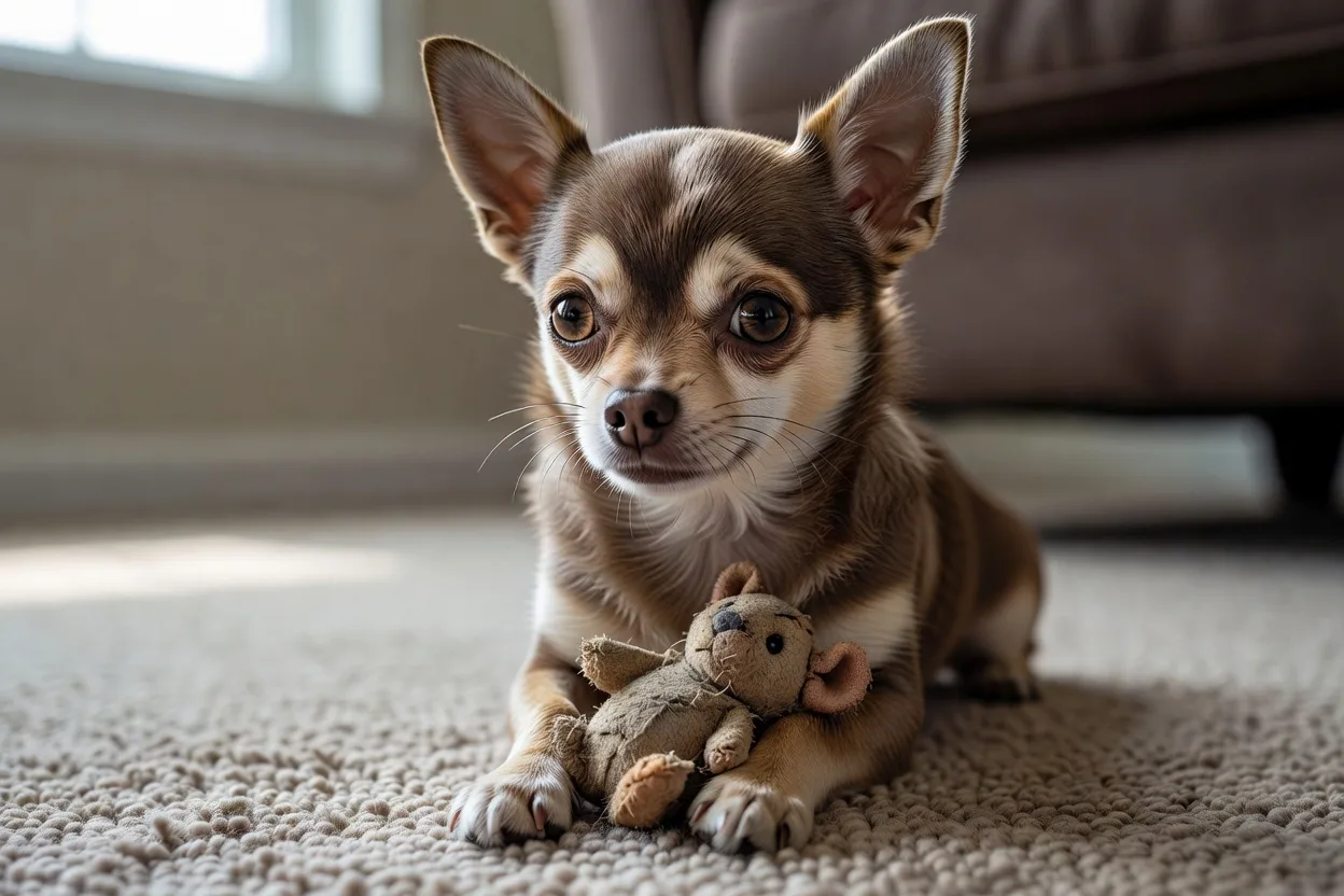 a Chihuahua holding a small soft toy between its front paws on a carpet