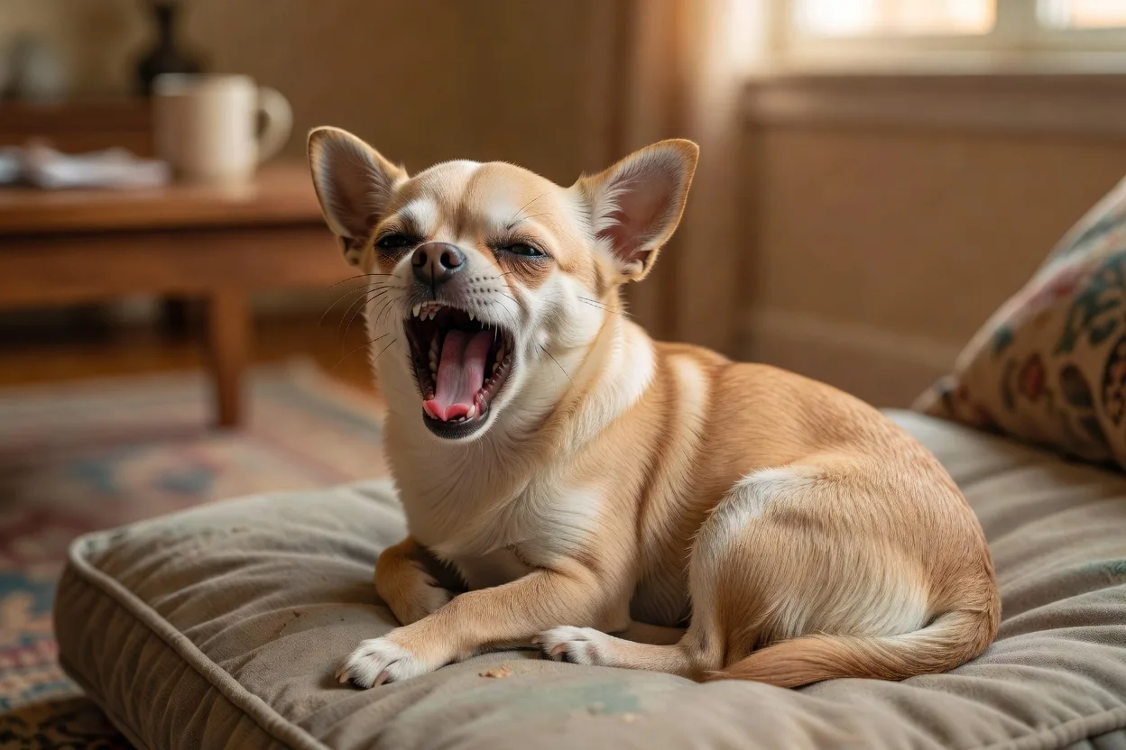 a Chihuahua mid-yawn on a cushion in warm indoor light