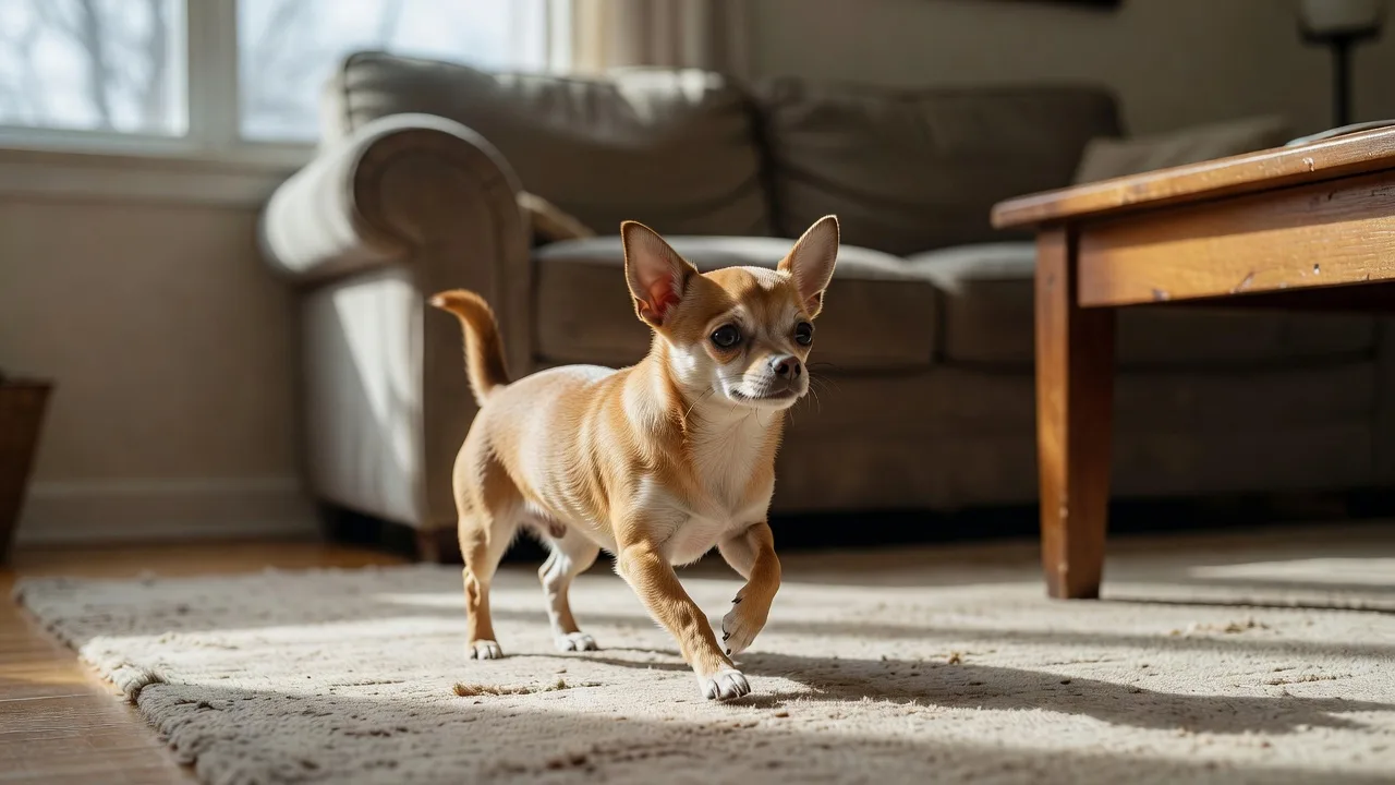 a Chihuahua mid-stride on a living room rug, caught in natural window light