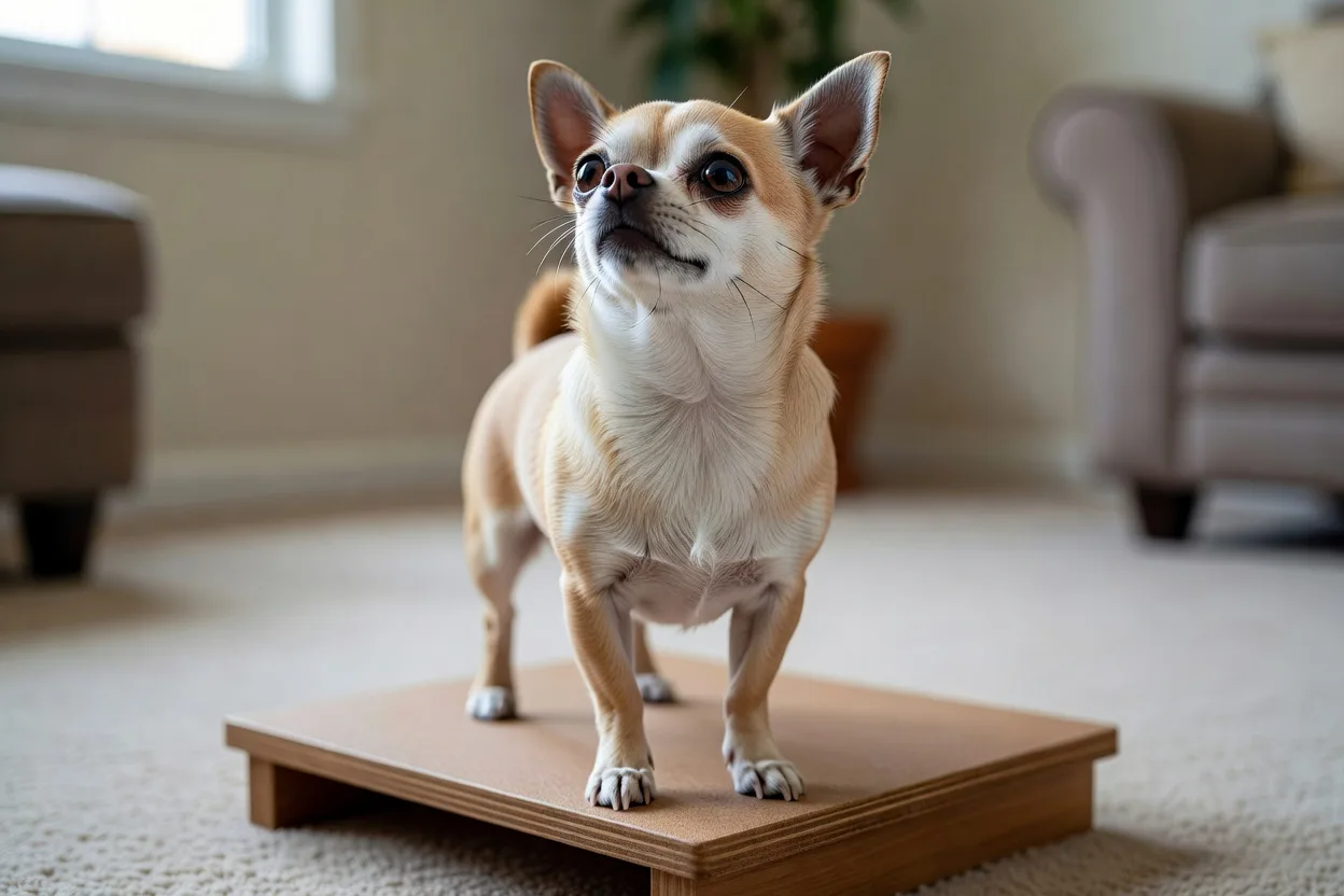 a Chihuahua standing on a low stable platform indoors, paws planted, looking up