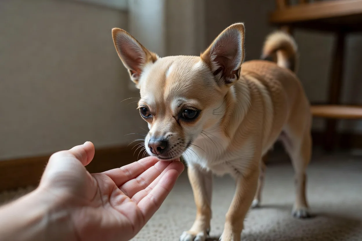 a Chihuahua touching its nose to an open palm during a short reward-based training session indoors