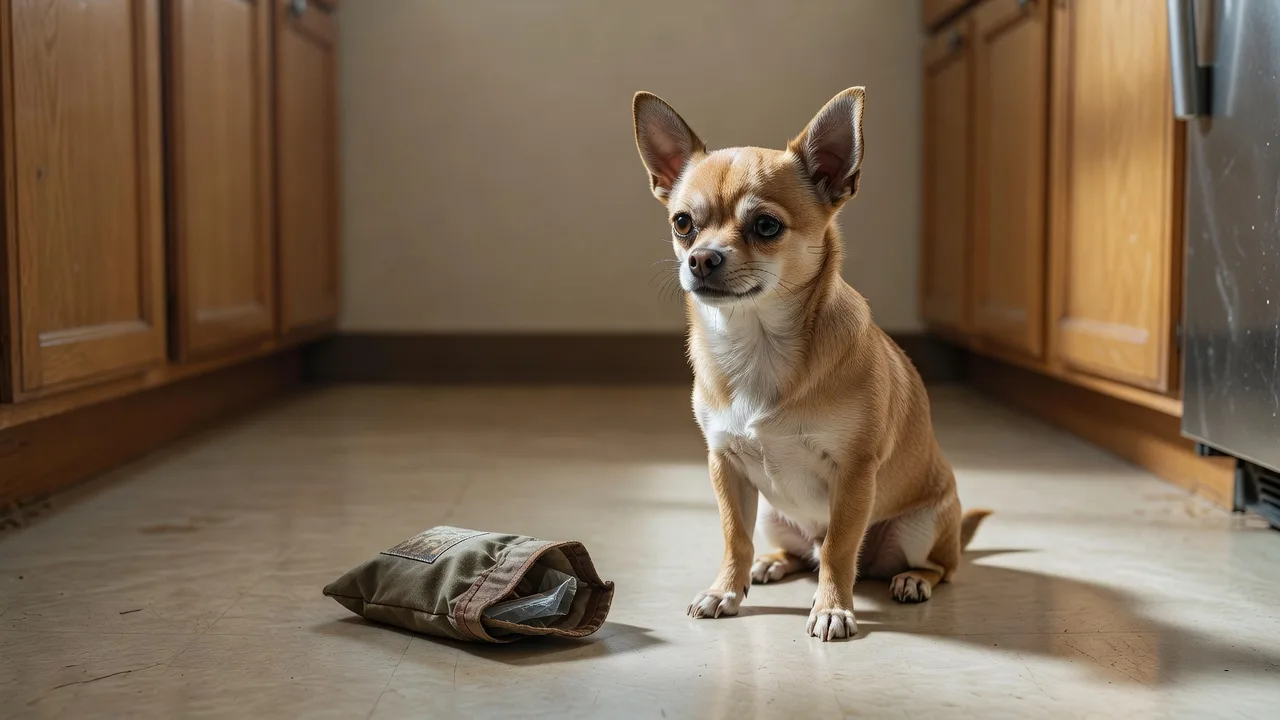 a small treat pouch and a Chihuahua sitting attentively on a kitchen floor
