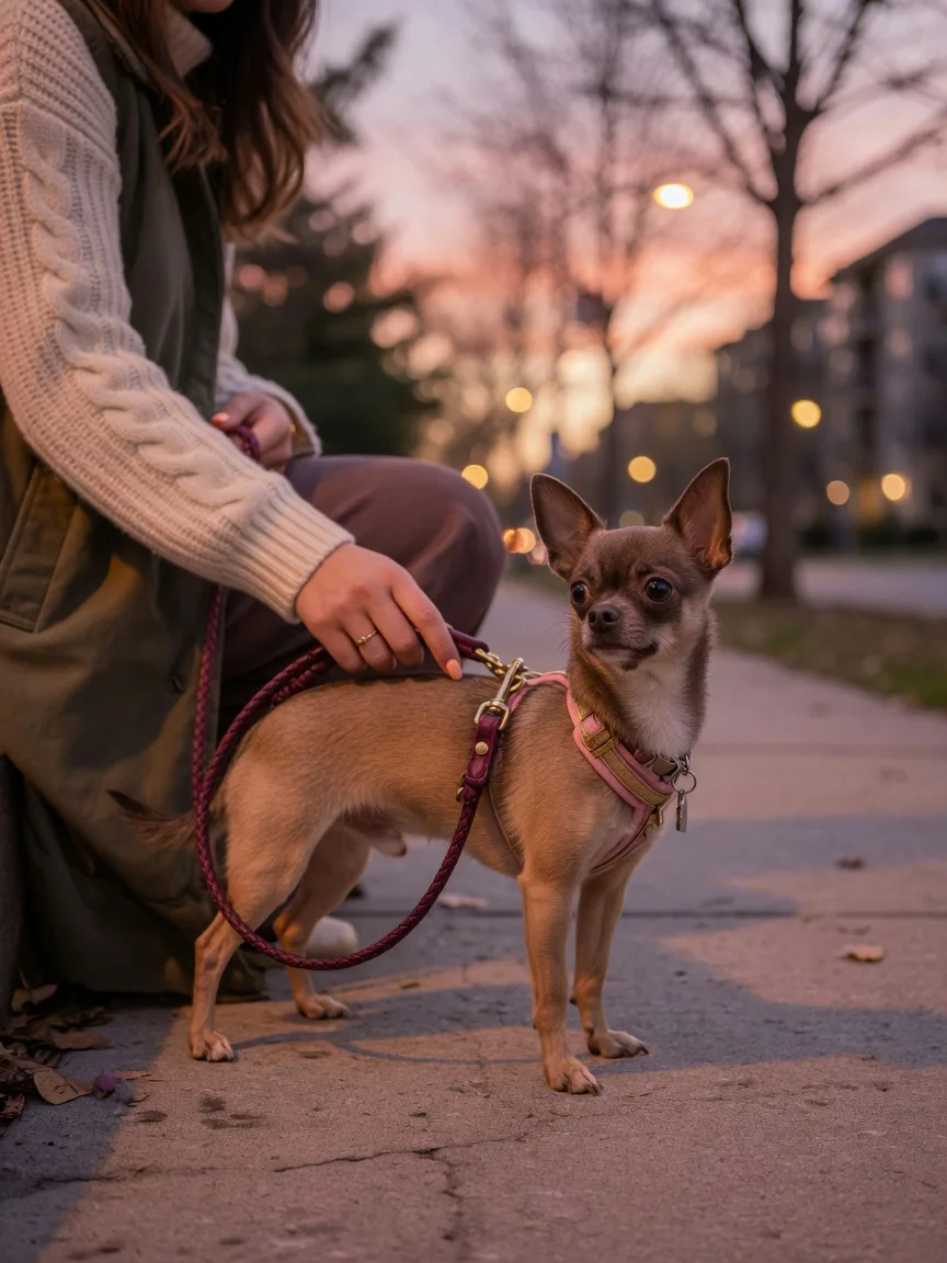 A person keeping a leashed chihuahua close at dusk