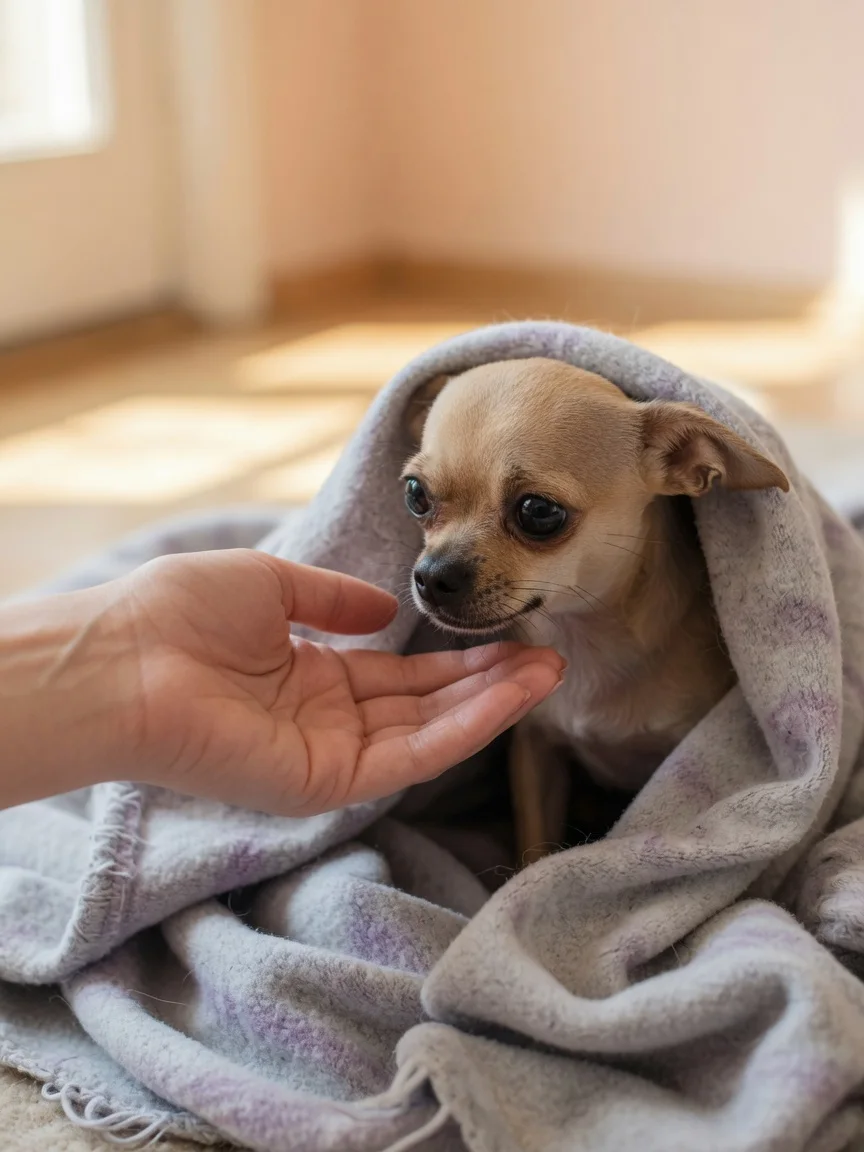 A gentle person offering a hand to a shy small chihuahua in a soft blanket