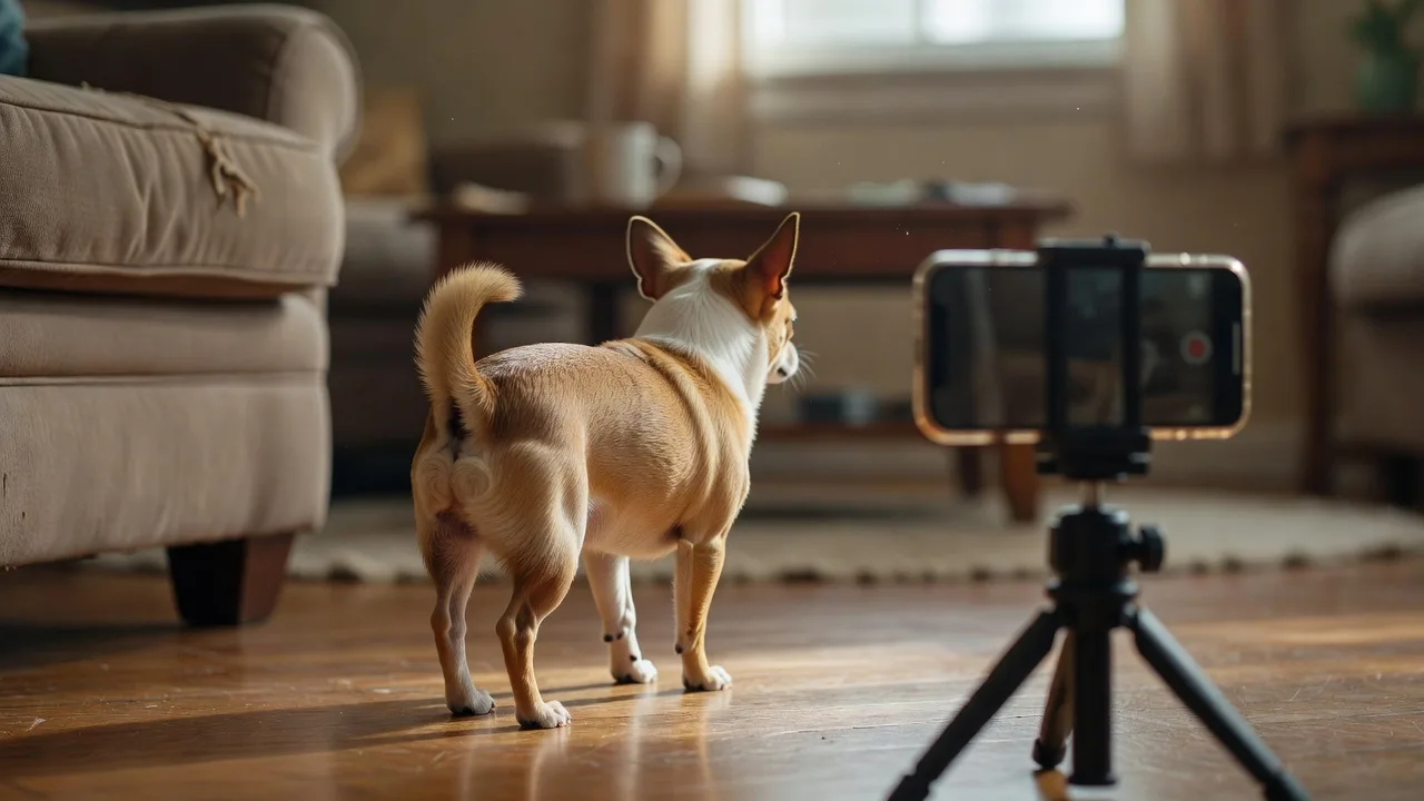 a smartphone on a tripod filming a Chihuahua that is calmly walking away from the camera