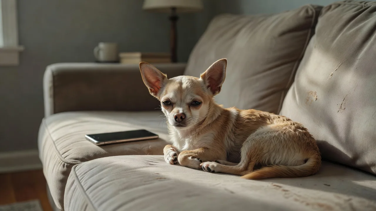 a Chihuahua resting on a sofa while a phone lies face down on the cushion beside it