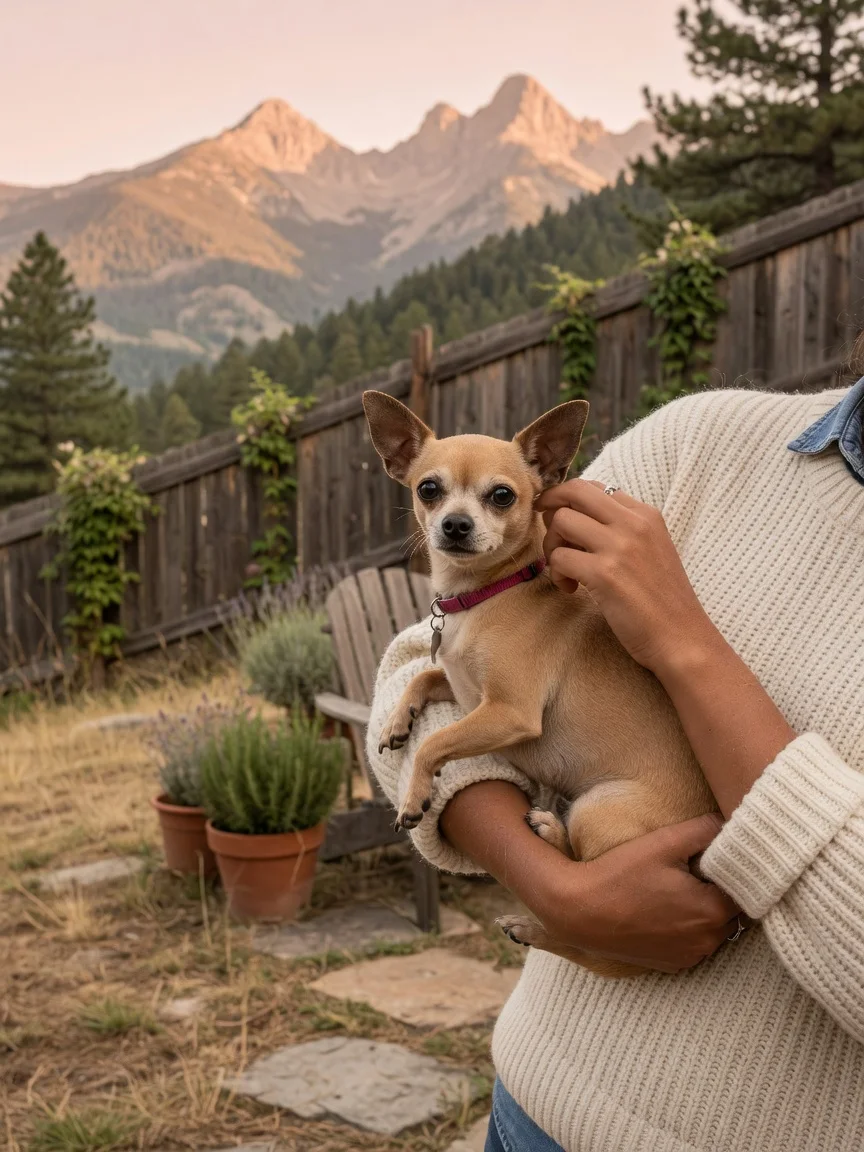 A small chihuahua safe in its owner arms in a mountain yard