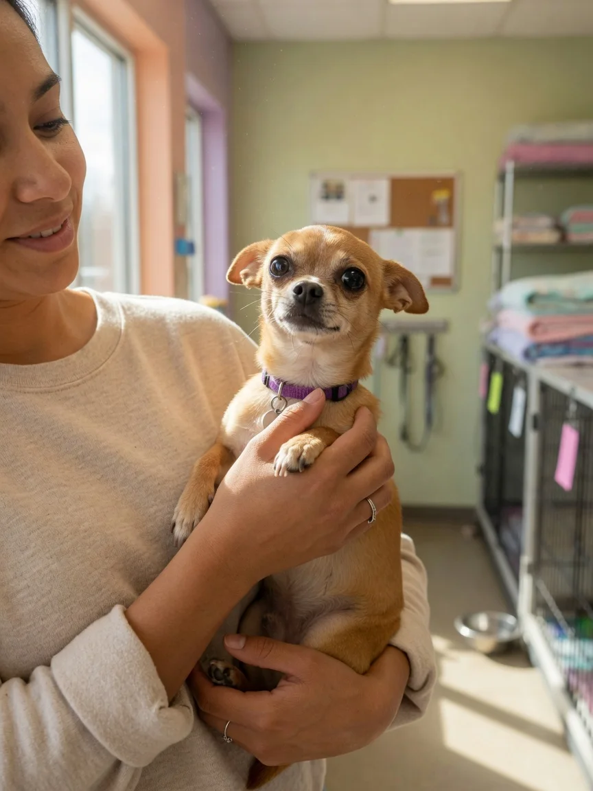 A person holding a small chihuahua at an adoption center