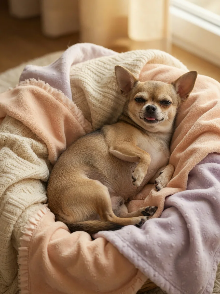 A round-bellied chihuahua resting on a soft nest of blankets