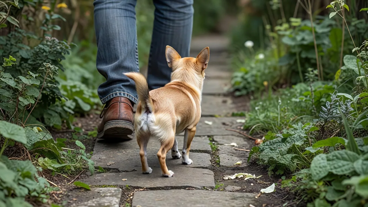a Chihuahua walking beside an owner's feet on a garden path, seen from behind