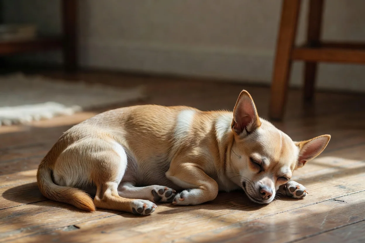 a Chihuahua asleep in a patch of afternoon light on a wooden floor