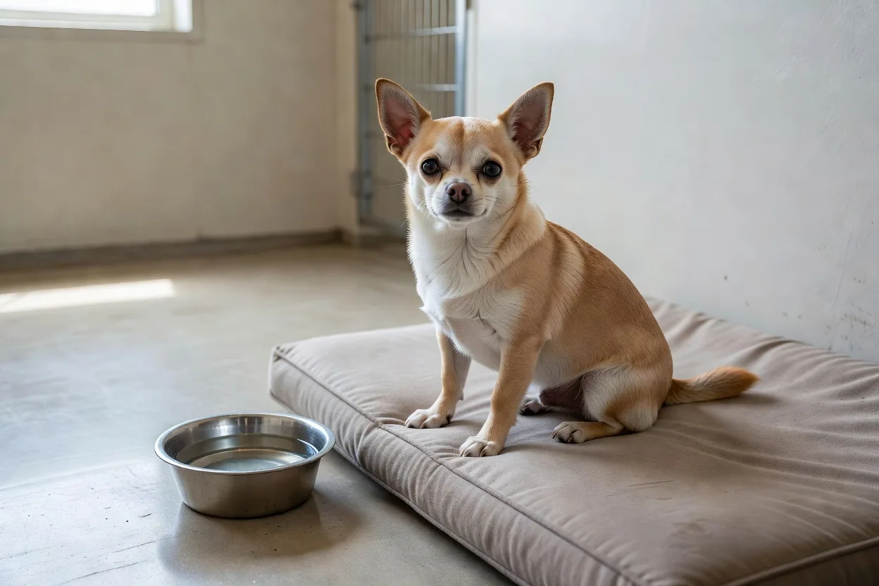 a Chihuahua sitting in a clean shelter kennel with a raised bed and fresh water bowl