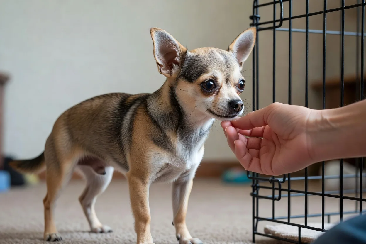 a Chihuahua meeting a person's hand through an open kennel door, relaxed body posture