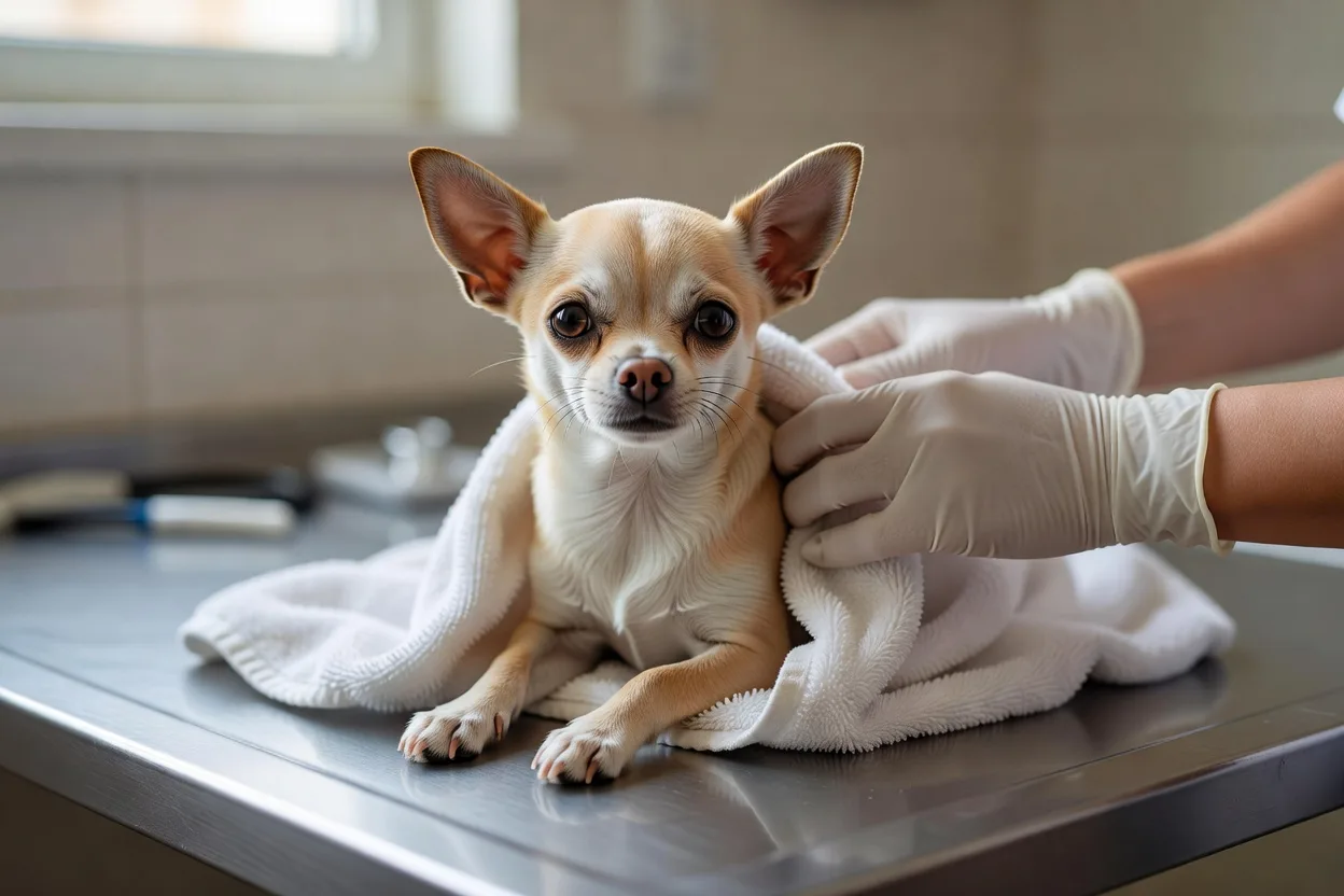 a short-haired Chihuahua wrapped in a clean towel on a veterinary examination table, a gloved hand steadying it gently