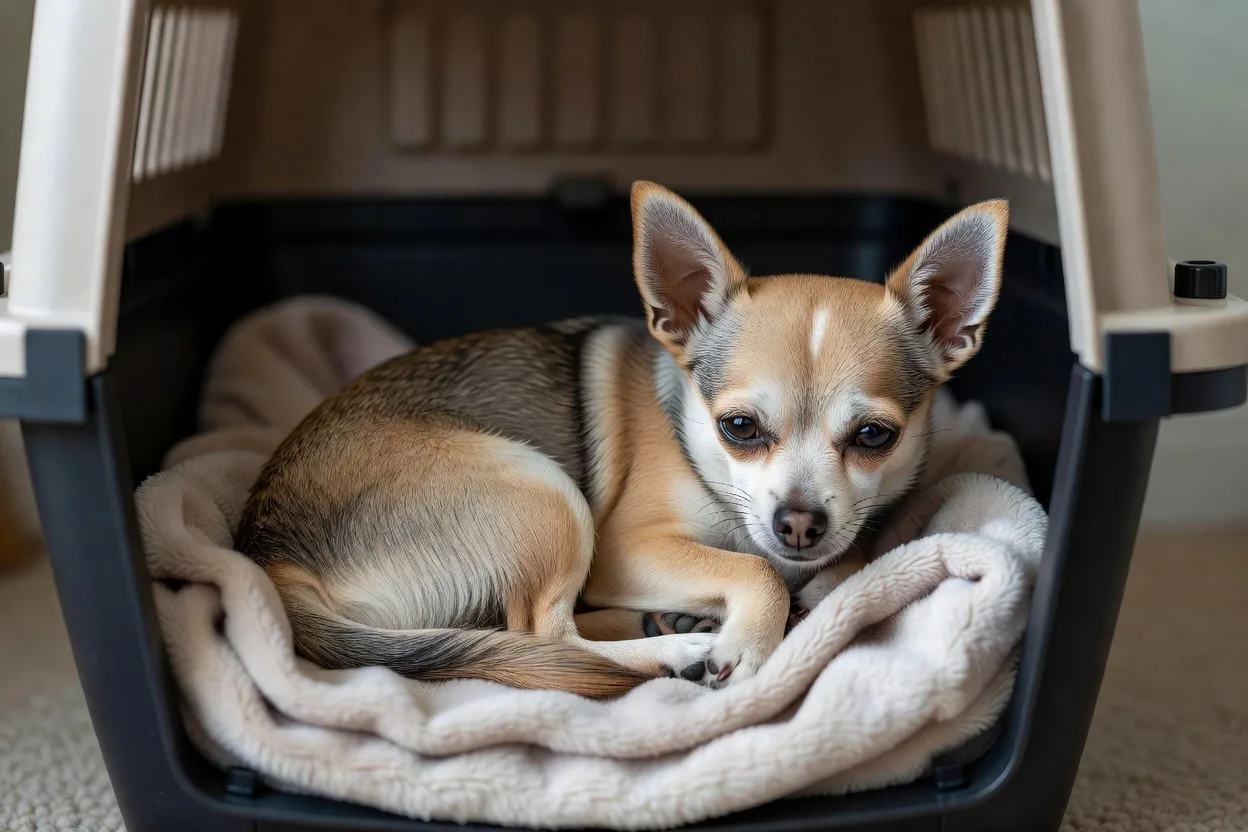 a small Chihuahua resting in a soft-sided crate lined with a folded blanket in a quiet room