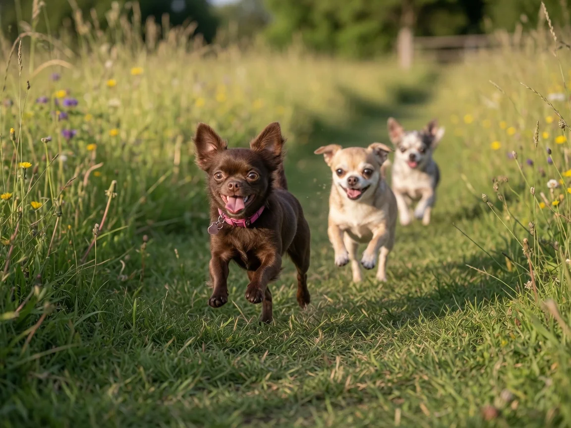 Small chihuahuas sprinting down a grass track