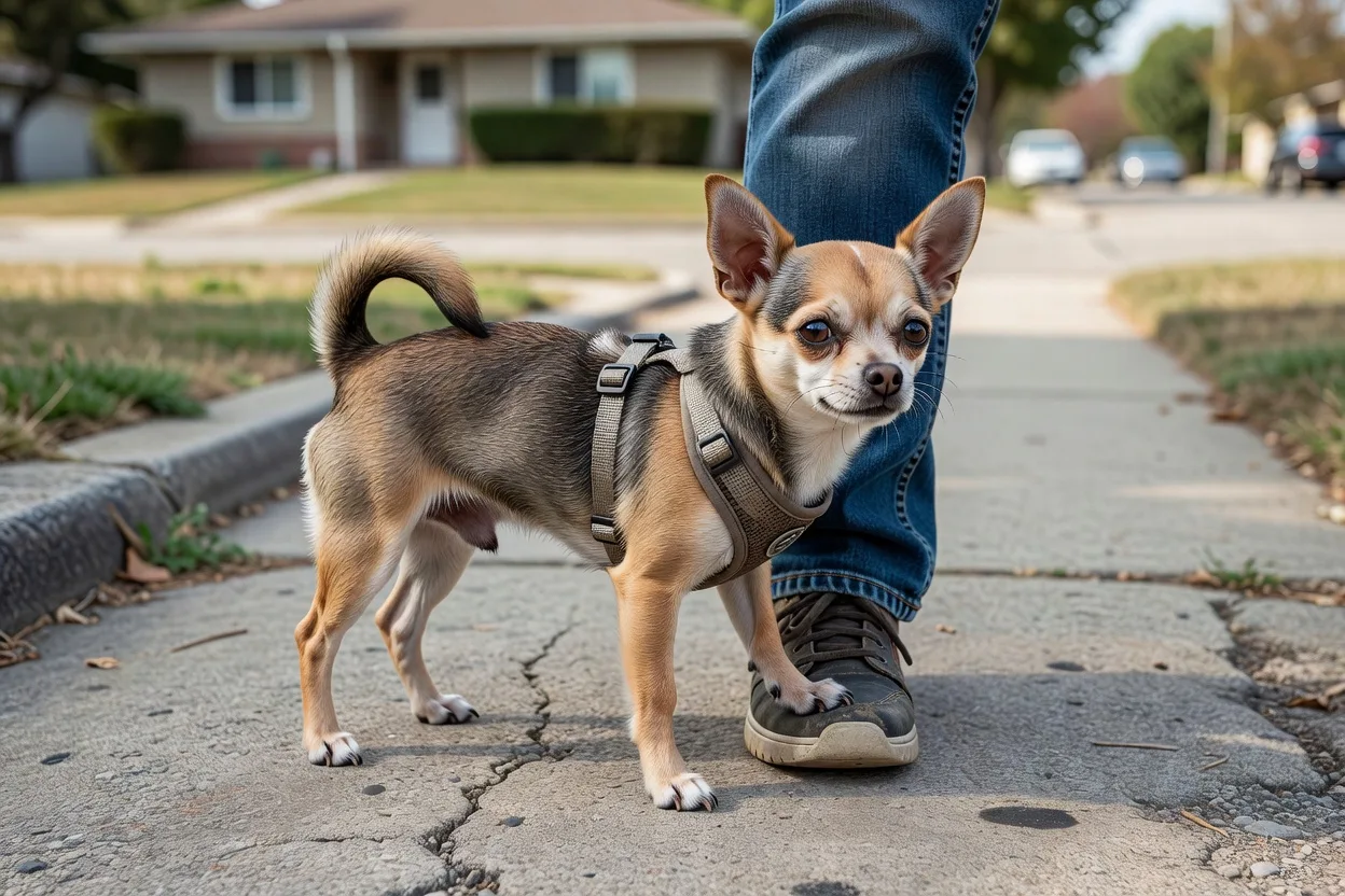 a Chihuahua on a fitted harness standing close to its owner's leg on a suburban pavement in daylight