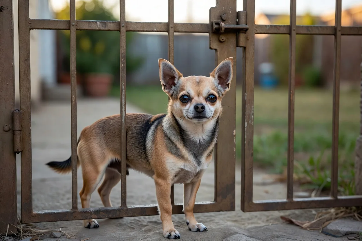 a Chihuahua behind a closed garden gate looking out, secure and calm