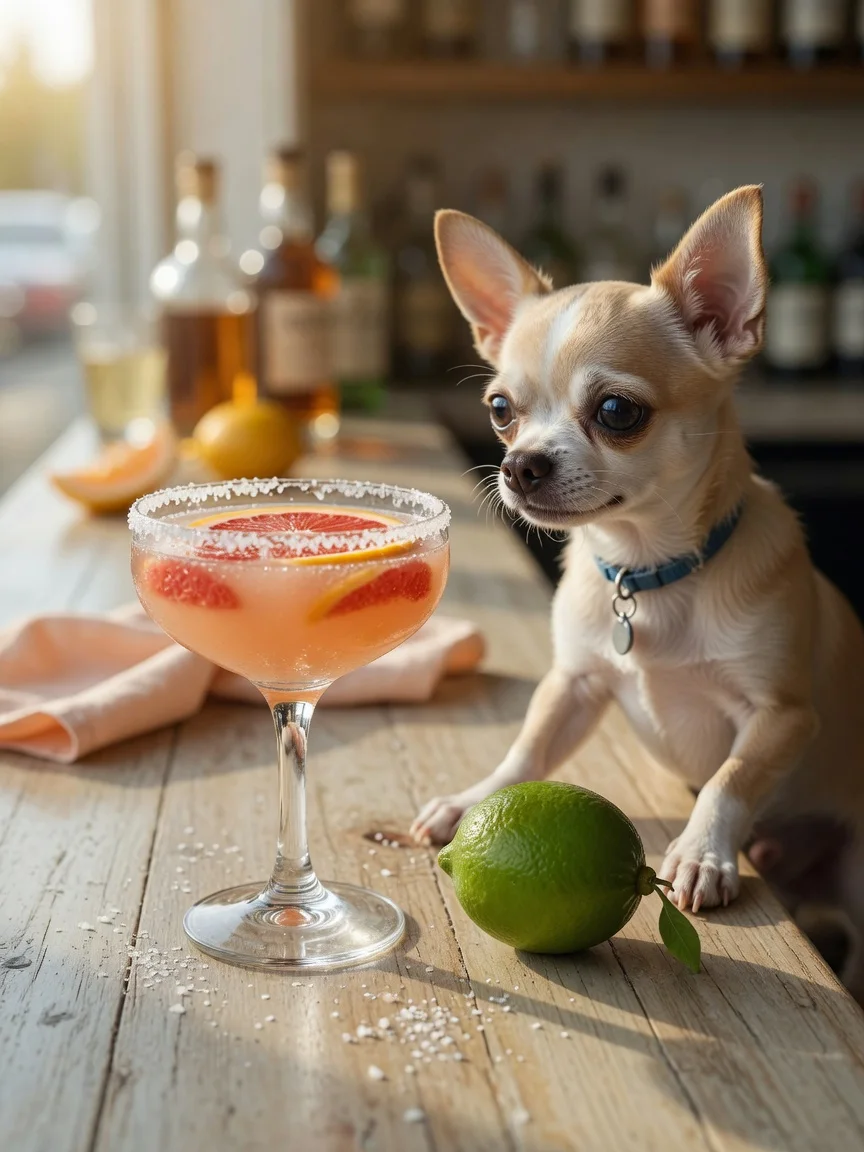 A salt-rimmed grapefruit cocktail beside a lime on a bar table