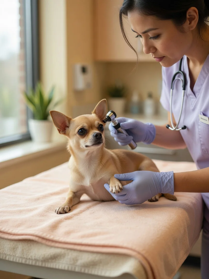 A caring veterinarian examining a small tan chihuahua on a soft table