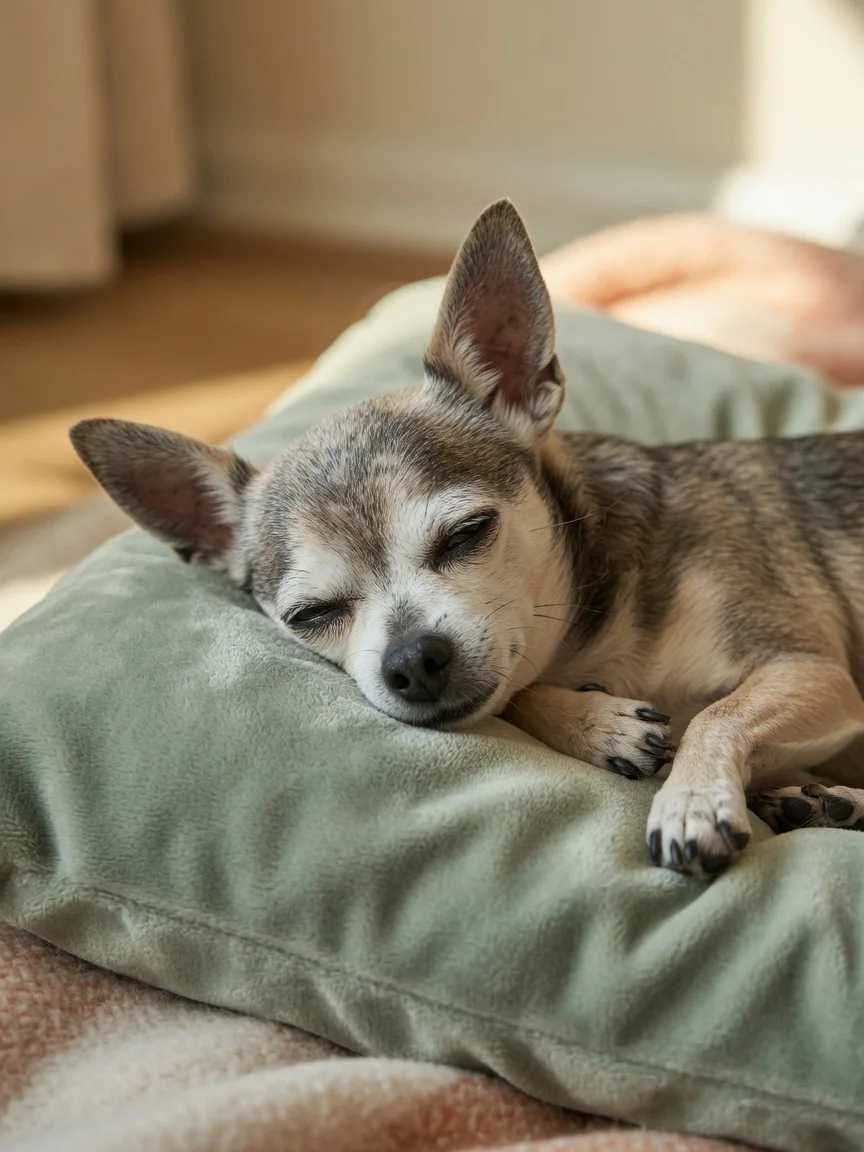 A grey-muzzled senior chihuahua resting on a soft cushion