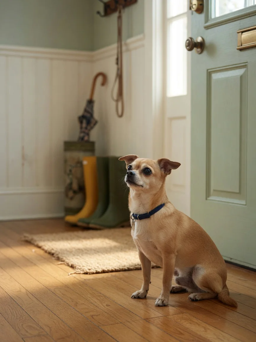 A small tan chihuahua waiting calmly by a front door
