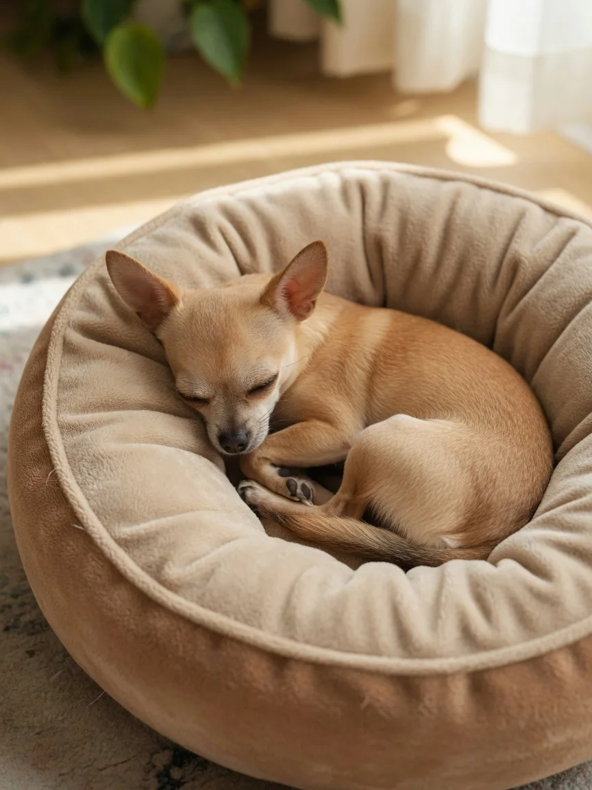 A small tan chihuahua curled asleep in a round donut bed