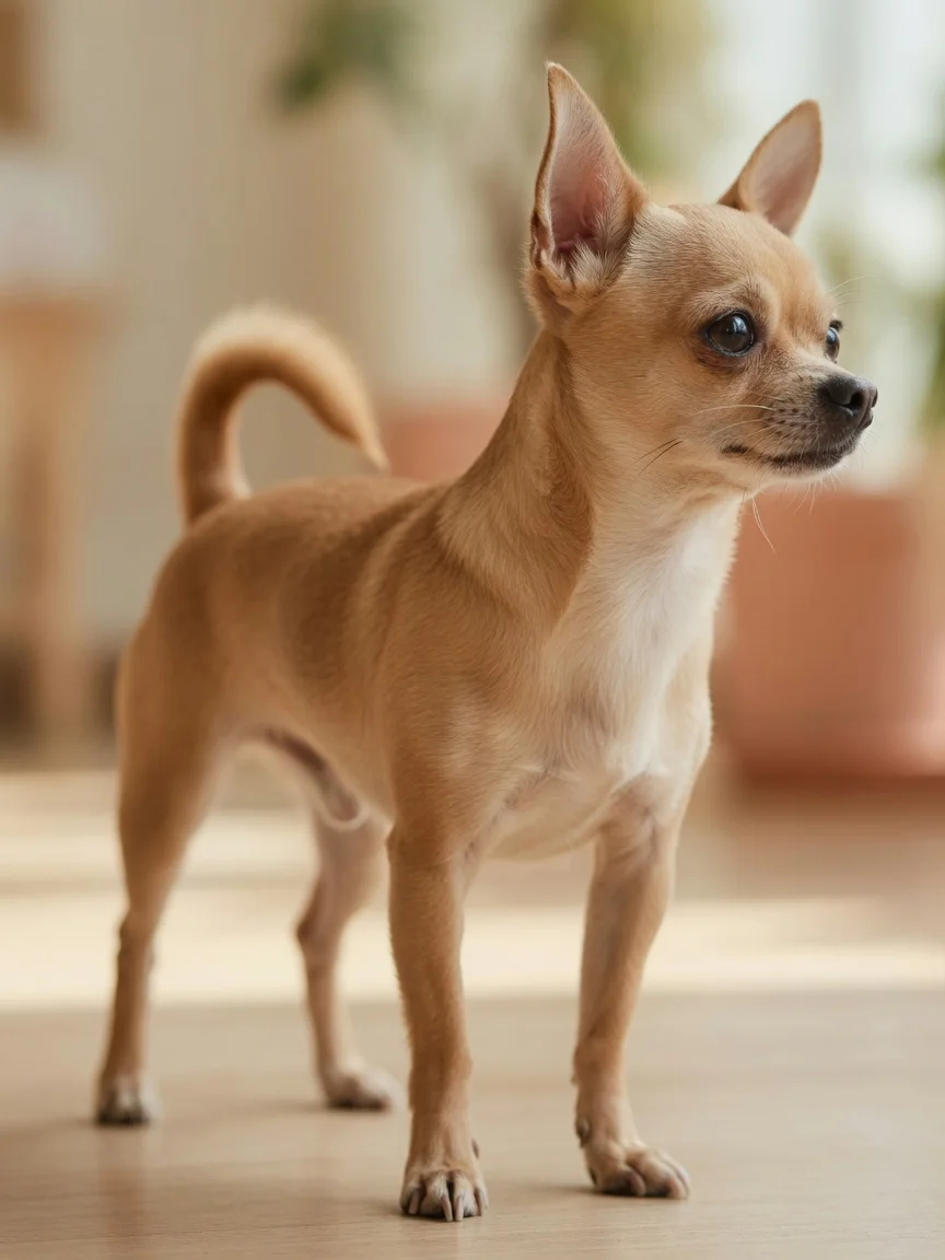 A proud small tan chihuahua standing in profile showing its classic silhouette