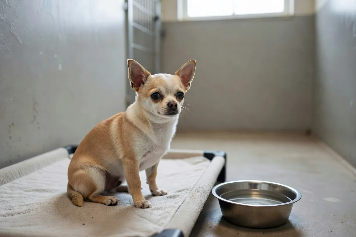 a Chihuahua sitting in a clean shelter kennel with a raised bed and fresh water bowl