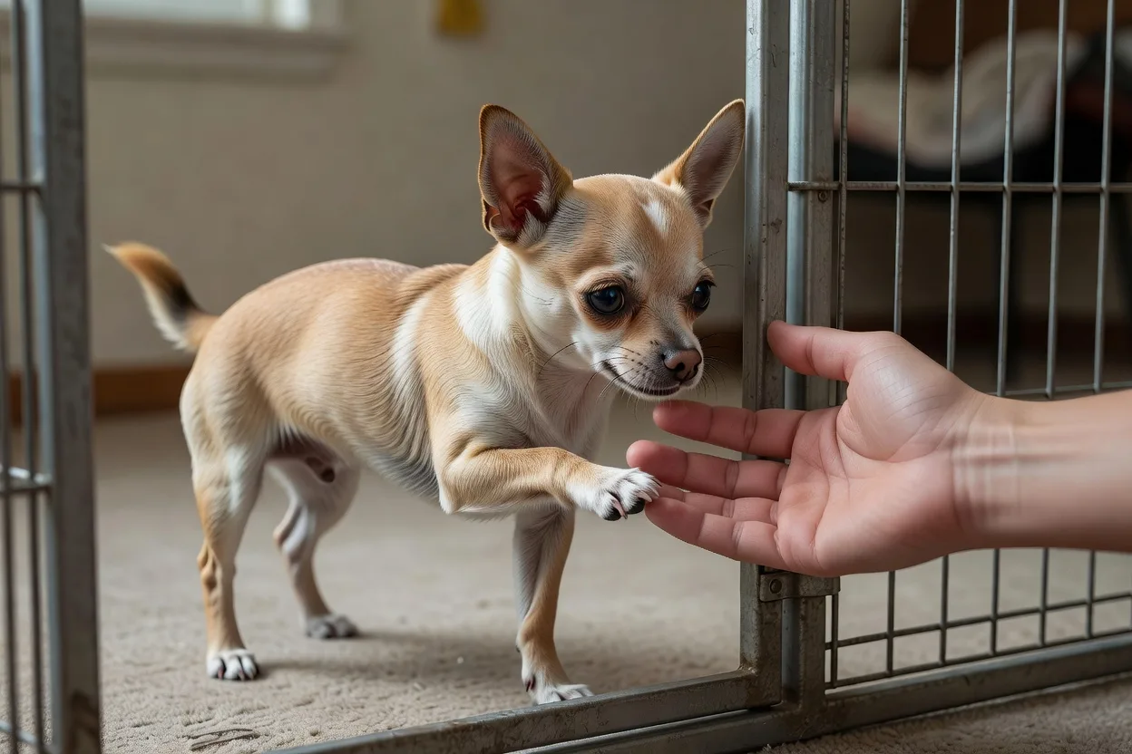 a Chihuahua meeting a person's hand through an open kennel door, relaxed body posture