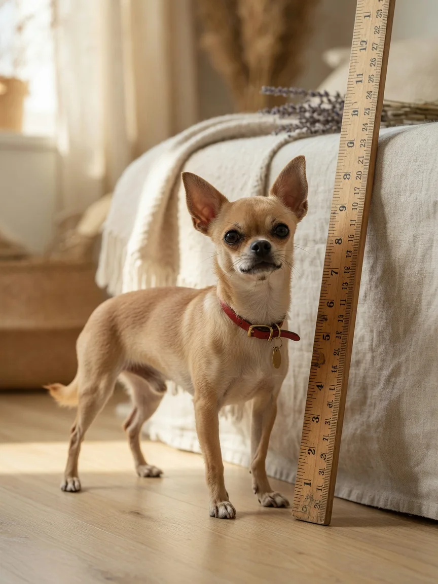 A very small chihuahua standing proudly beside a measuring stick