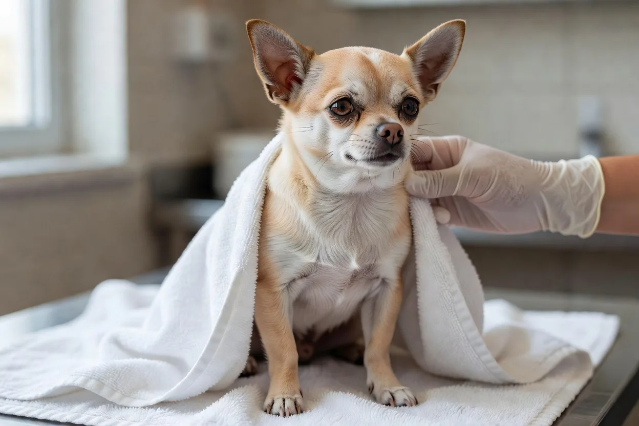 a short-haired Chihuahua wrapped in a clean towel on a veterinary examination table, a gloved hand steadying it gently