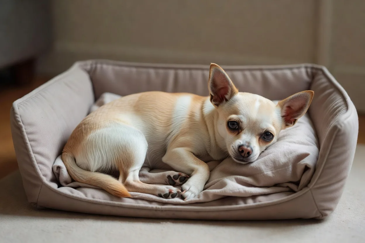 a small Chihuahua resting in a soft-sided crate lined with a folded blanket in a quiet room